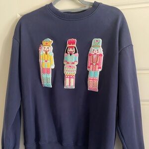 Blue Sweatshirt with Colorful Nutcracker Design Christmas Cozy S Loose